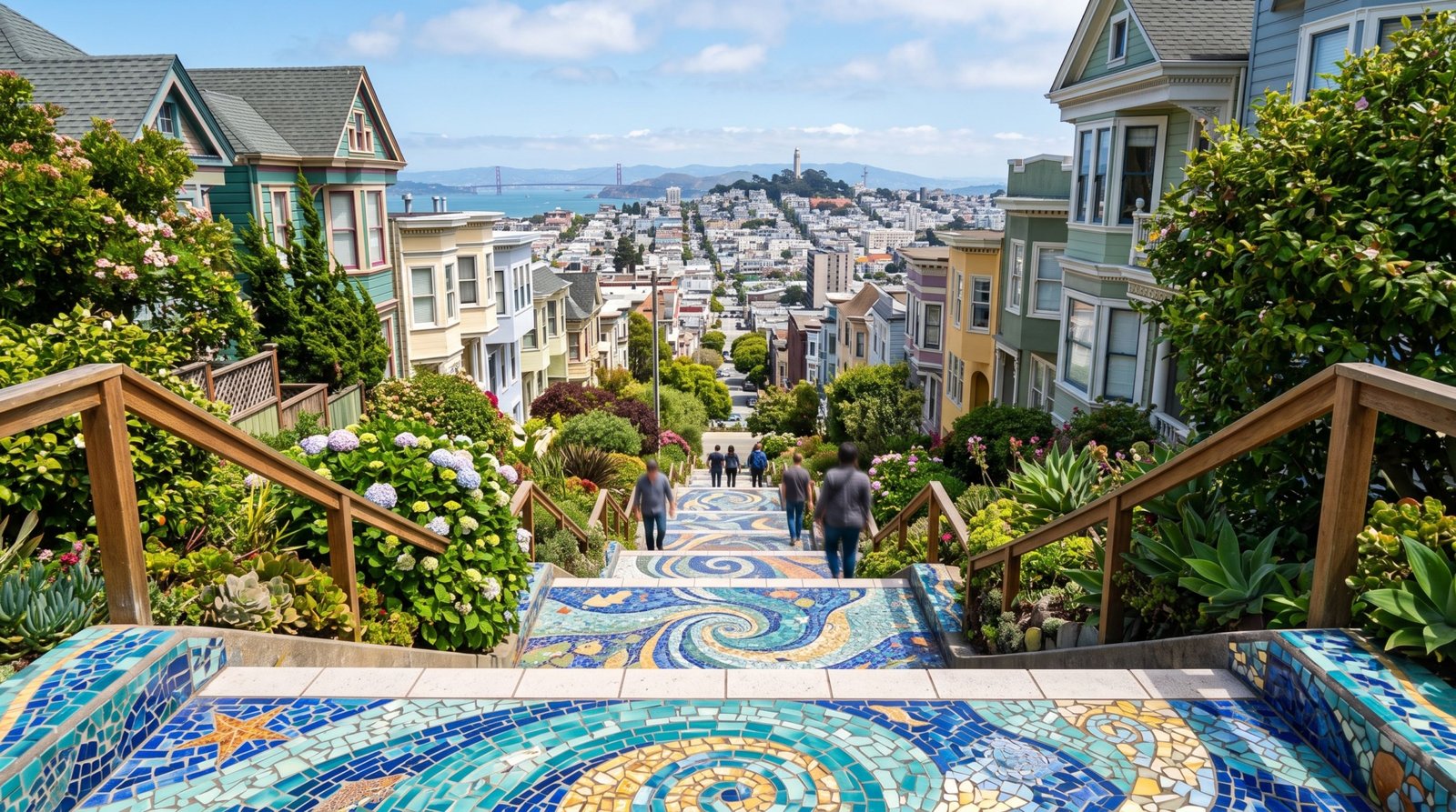 The 16th Avenue Tiled Steps, a mosaic-covered staircase climbing a hillside in Golden Gate Heights, San Francisco