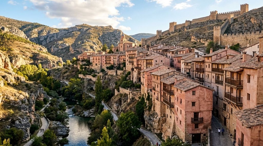 Pink and ochre houses of Albarracín clinging to a gorge above the Guadalaviar river in Aragón, Spain