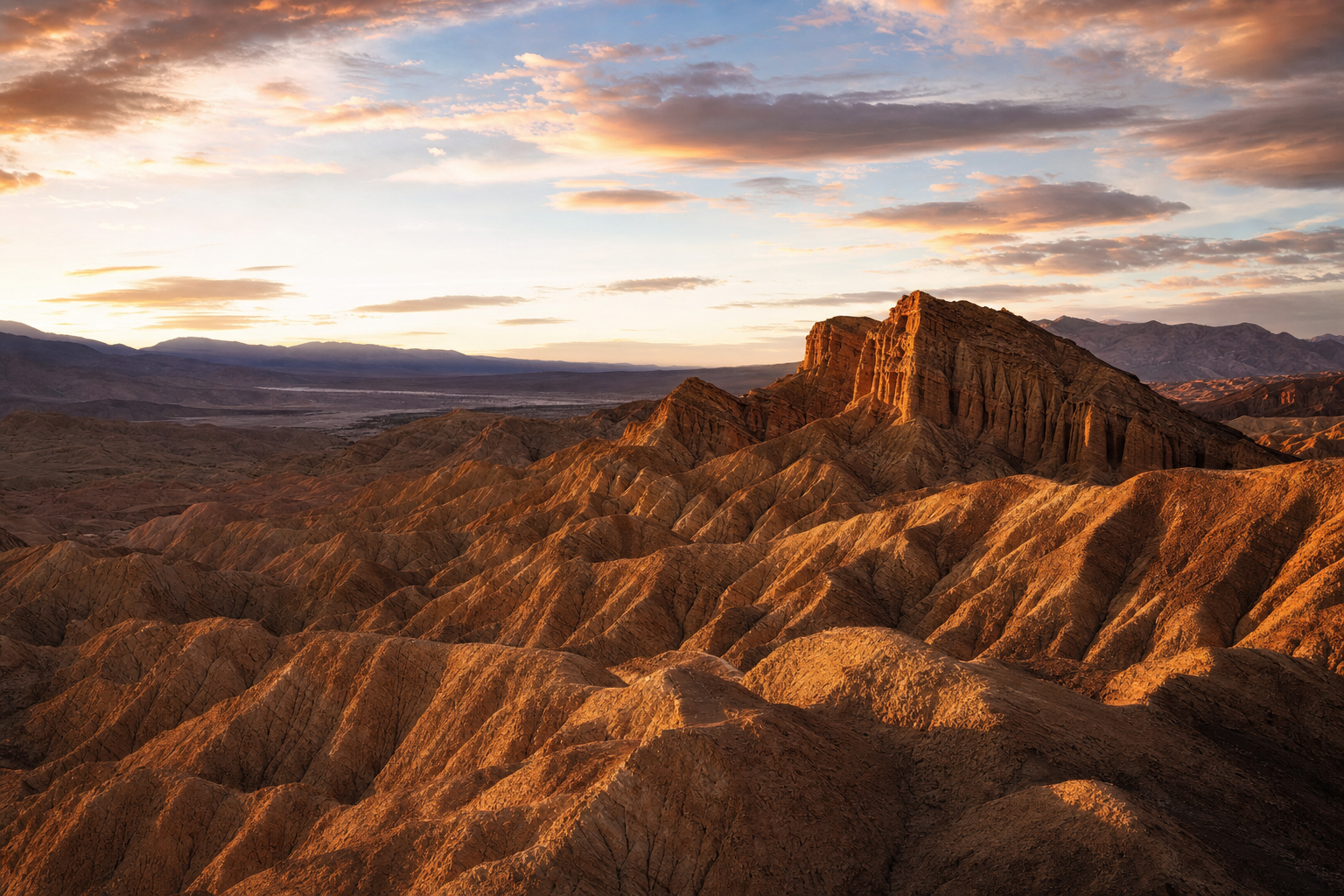 Layered sandstone badlands in the Anza-Borrego Desert at golden hour near San Diego