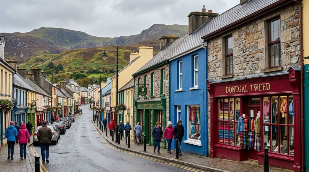 Colorful shopfronts on the main street of Ardara, a tweed-weaving town in County Donegal, Ireland