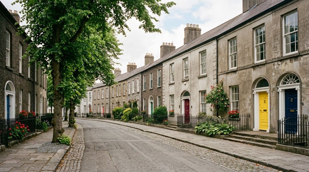 Georgian architecture on a street in Birr, County Offaly, Ireland, with Birr Castle Demesne nearby