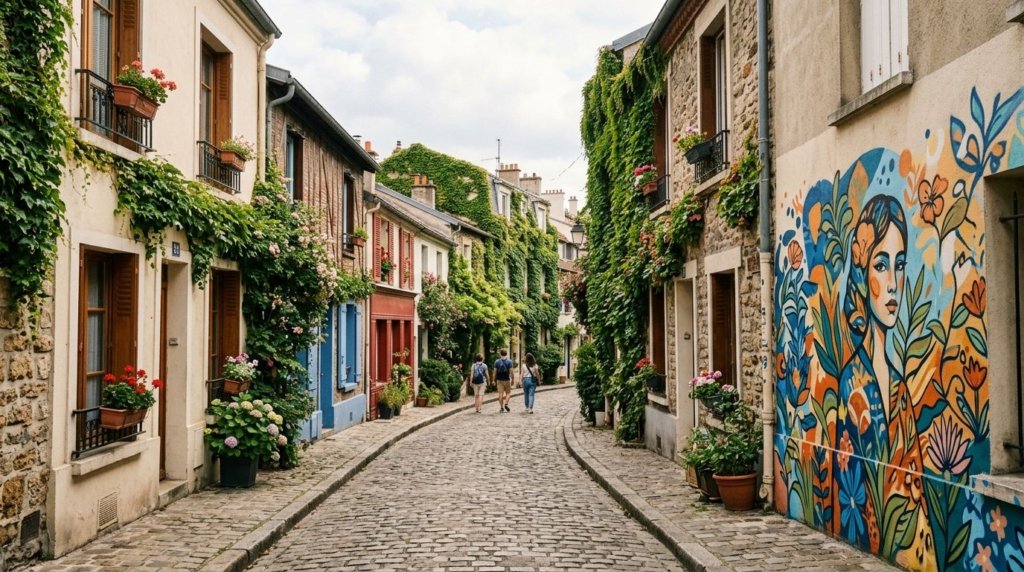 Cobblestone street and ivy-covered houses in Butte-aux-Cailles, Paris