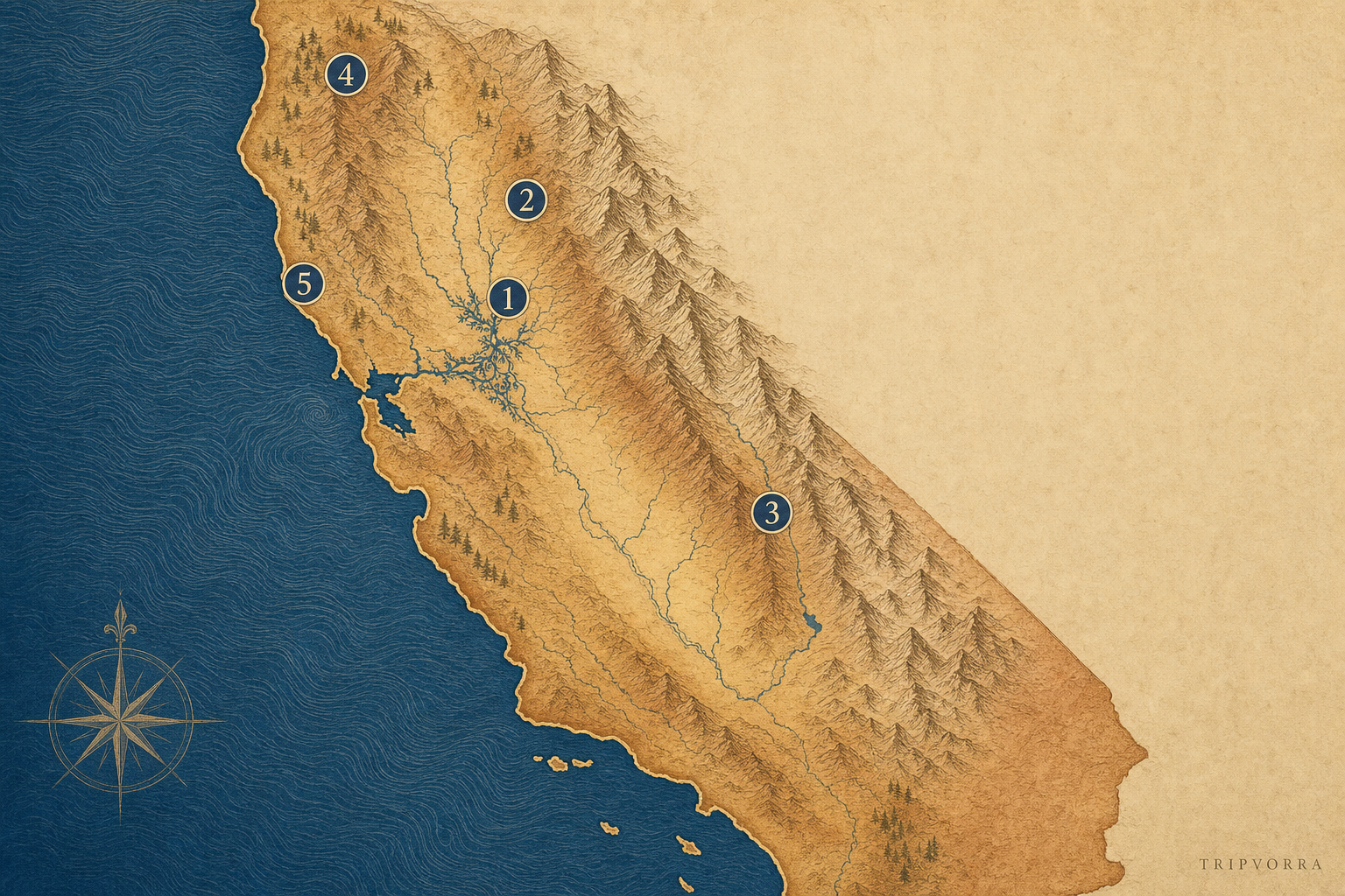 Map of California showing Locke, Downieville, Mineral King Valley, Canyon Creek Lakes, and Salt Point State Park
