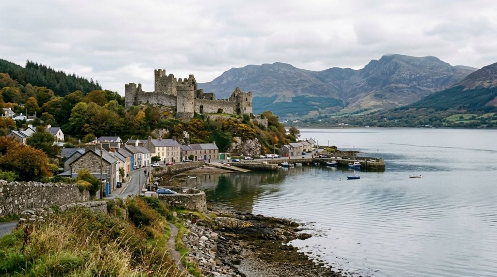 Medieval stone castle ruins above Carlingford Lough in County Louth, Ireland, with mountains behind