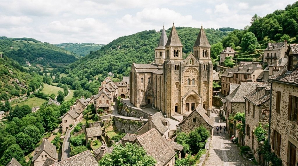 Romanesque abbey church of Conques in the Aveyron hills