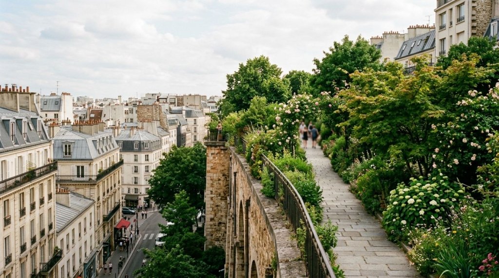 Elevated garden walkway of the Coulee Verte Rene-Dumont in Paris