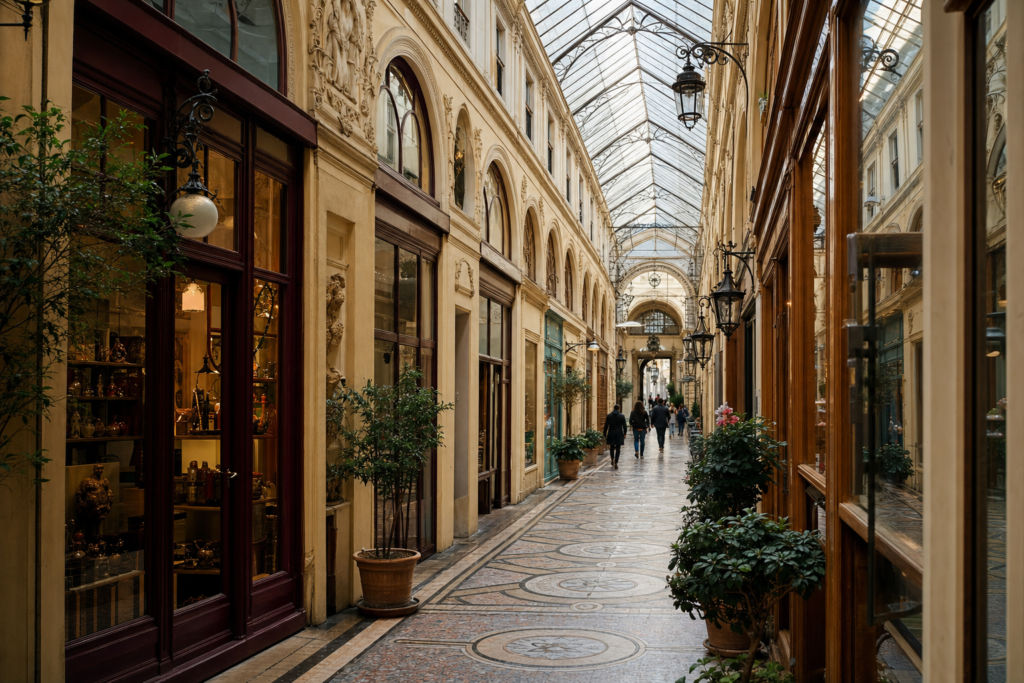 A 19th-century glass-roofed shopping arcade in Paris