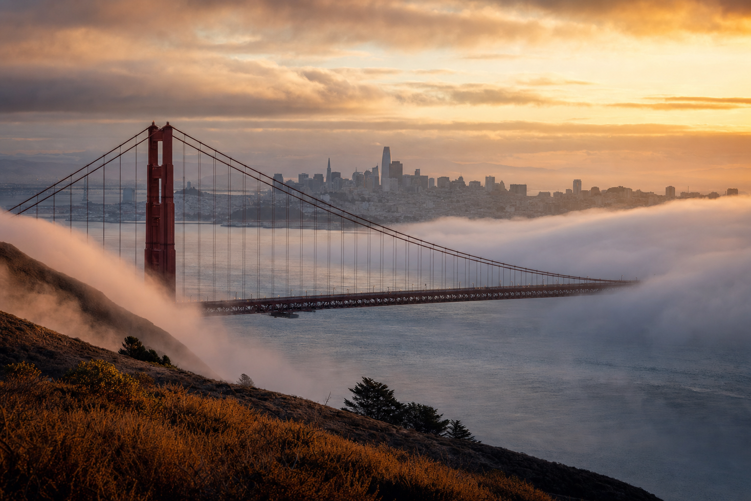 The Golden Gate Bridge wrapped in fog at golden hour, seen across San Francisco Bay