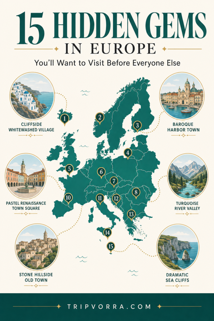 15 Hidden Gems in Europe - Pinterest Travel Infographic | Tripvorra 15 Hidden Gems in Europe travel infographic map - Tripvorra