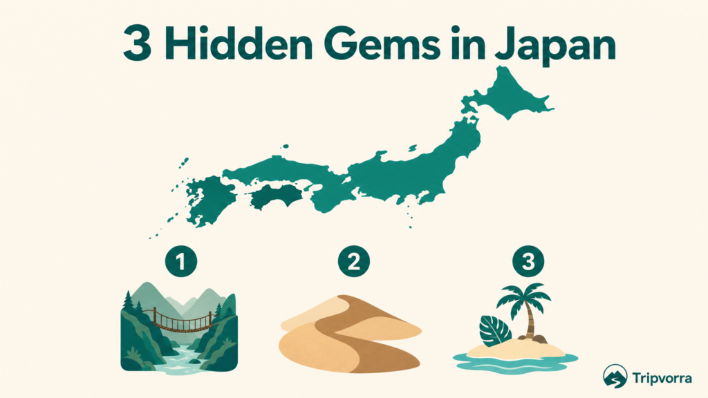 Infographic map of 3 hidden gems in Japan: Iya Valley, Tottori Sand Dunes, Amami Oshima