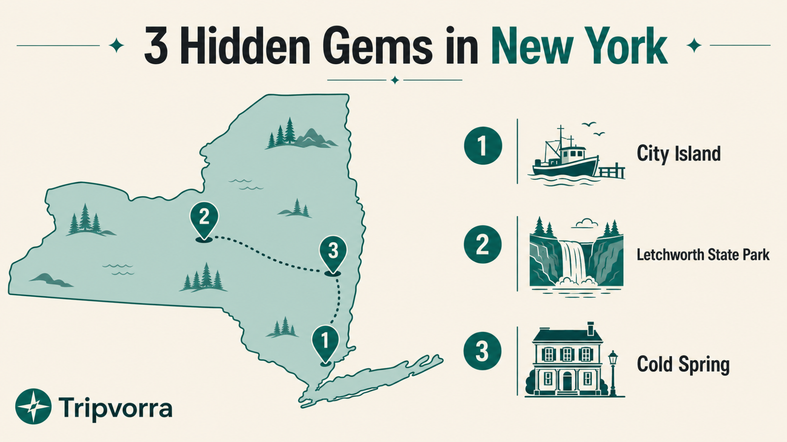 3 Hidden Gems in New York infographic map - Tripvorra