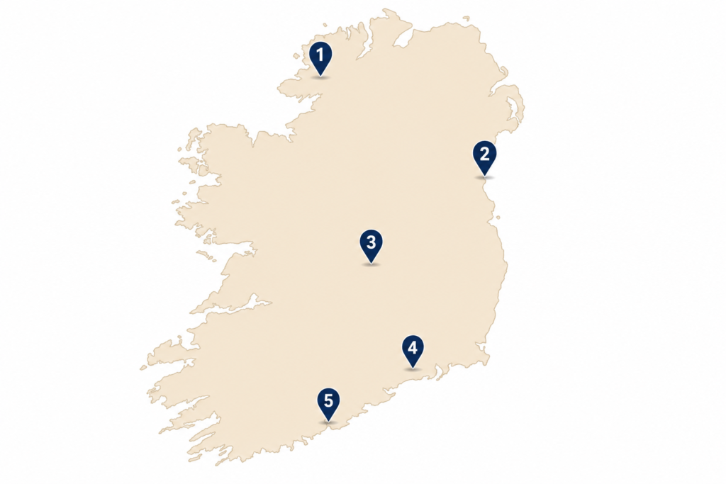 Map of Ireland showing the locations of five underrated towns: Ardara, Carlingford, Birr, Lismore, and Youghal
