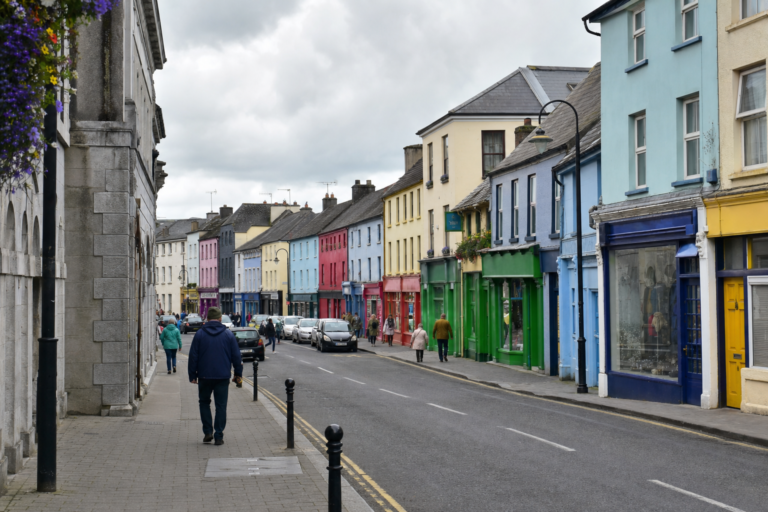 A quiet colorful Irish market town street scene