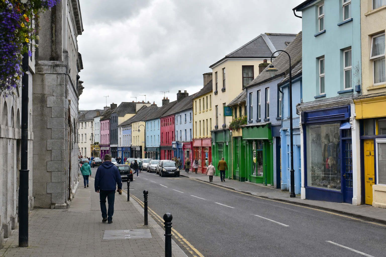 A quiet colorful Irish market town street scene