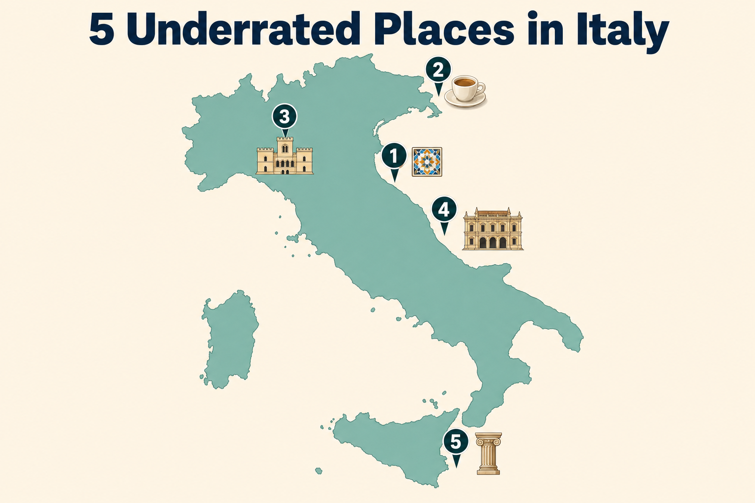 Map of Italy showing the locations of Ravenna, Trieste, Mantua, Urbino, and Ortigia (Syracuse)
