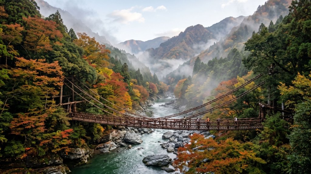 Traditional vine suspension bridge over the Iya Valley river in Tokushima, Shikoku, Japan