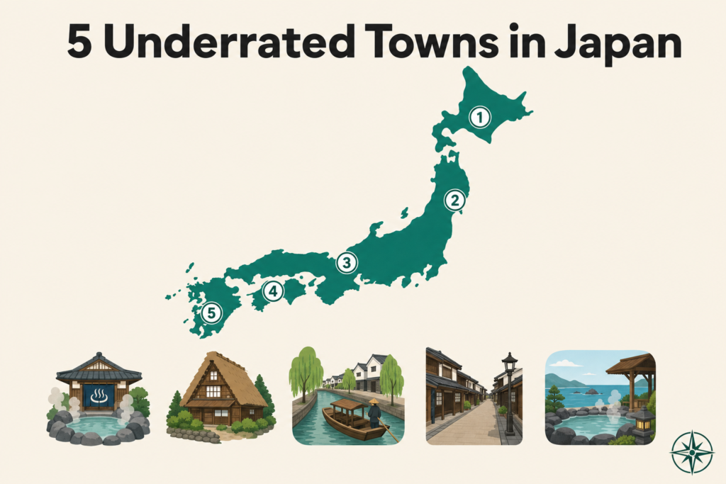 Infographic map of Japan showing the locations of 5 underrated towns worth visiting off the beaten path