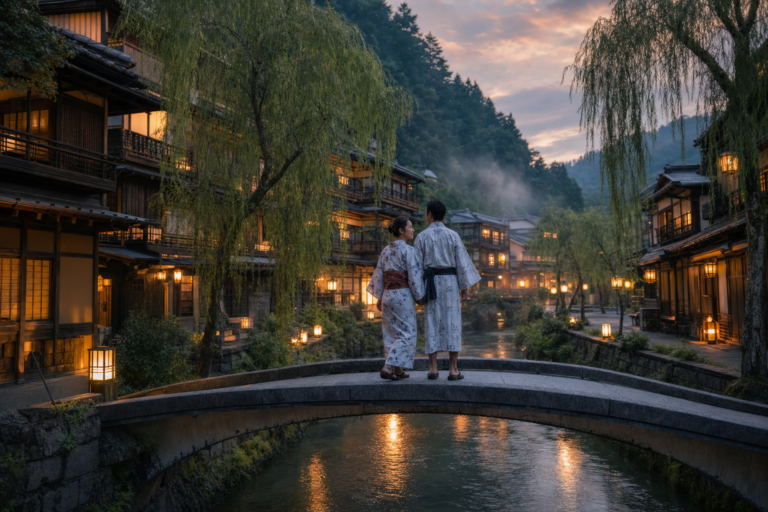 Canal-side traditional Japanese hot spring town at dusk with lantern light, representing Japan's underrated towns off the beaten path