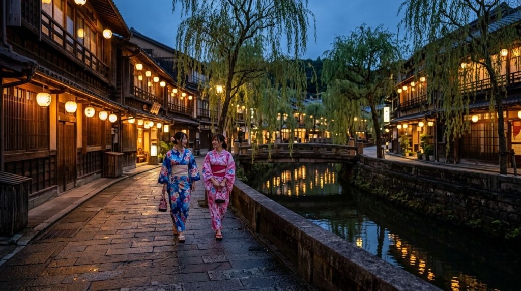 Willow-lined canal in Kinosaki Onsen, Hyogo Prefecture, Japan, with visitors in traditional yukata robes and geta sandals
