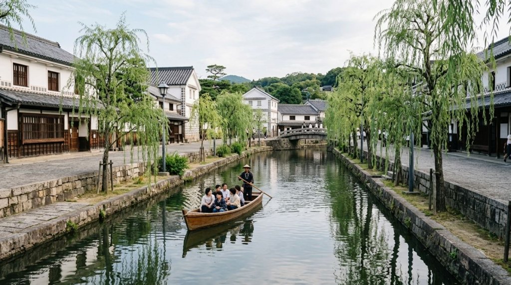 Willow trees and white-walled kura storehouses lining the canal in the Kurashiki Bikan Historical Quarter, Okayama, Japan