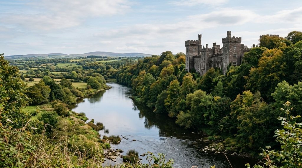 Lismore Castle above the Blackwater River in County Waterford, Ireland, seen from across the valley