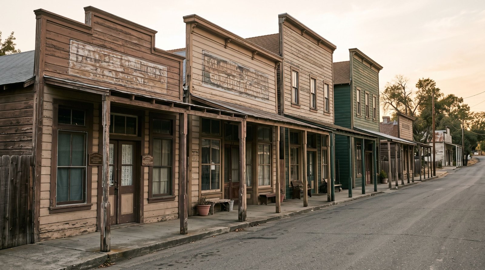 Historic false-front wooden buildings in Locke, California, a Sacramento Delta town