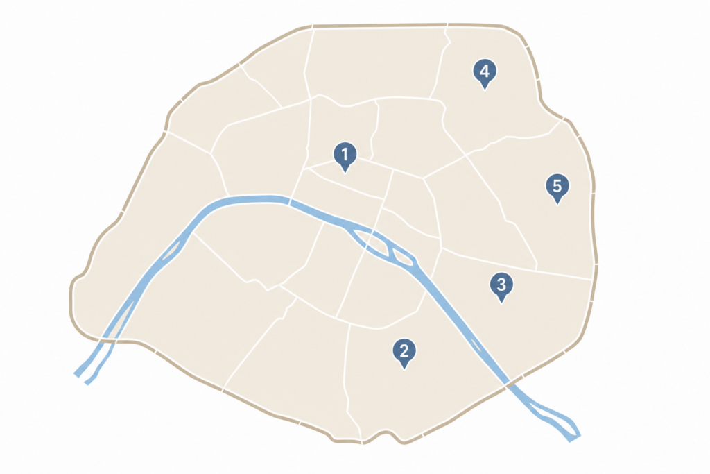 Map of Paris showing the locations of the Covered Passages, Butte-aux-Cailles, Coulee Verte Rene-Dumont, Quartier de la Mouzaia, and Village de Charonne