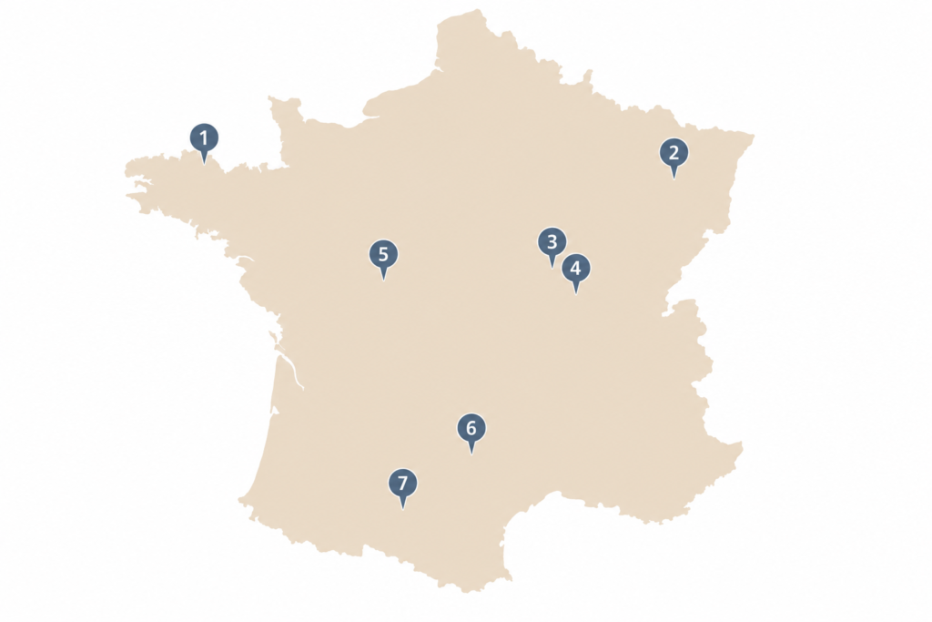 Map of France showing the locations of Dinan, Troyes, Vezelay, Semur-en-Auxois, Loches, Conques, and Albi