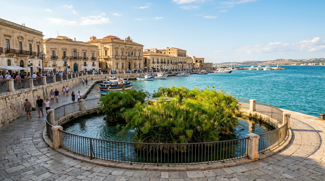 Fountain of Arethusa on the waterfront of Ortigia, Syracuse, Italy