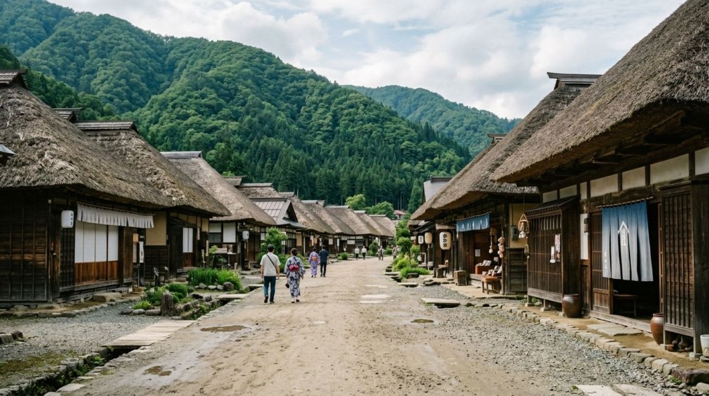 Traditional thatched-roof wooden houses along the unpaved main street of Ouchi-juku, a historic post town in Fukushima, Japan