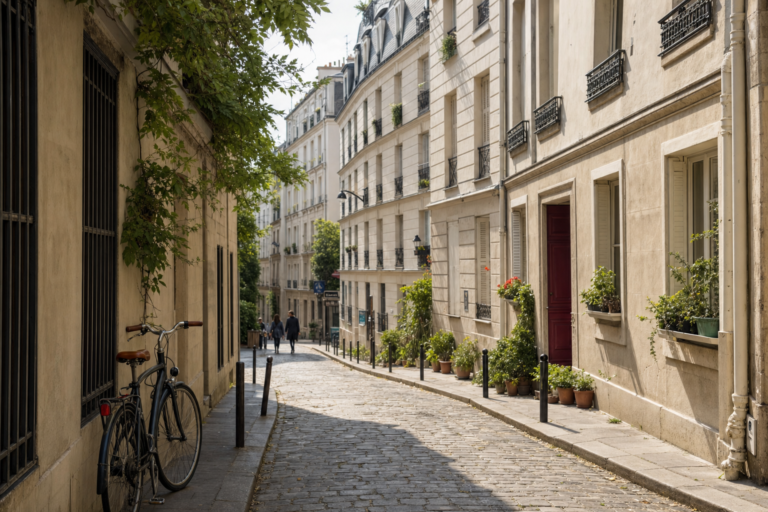 A quiet residential street in a lesser-known Paris neighborhood