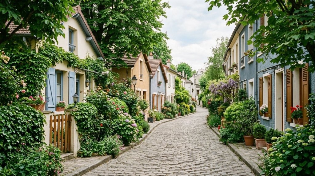 Cottage-style houses on a quiet lane in the Mouzaia quarter of Paris