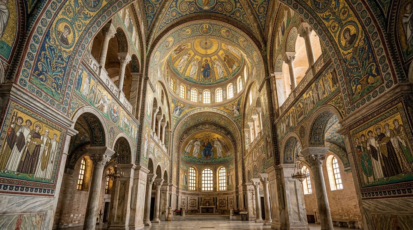 Byzantine gold mosaic interior in Ravenna, Italy