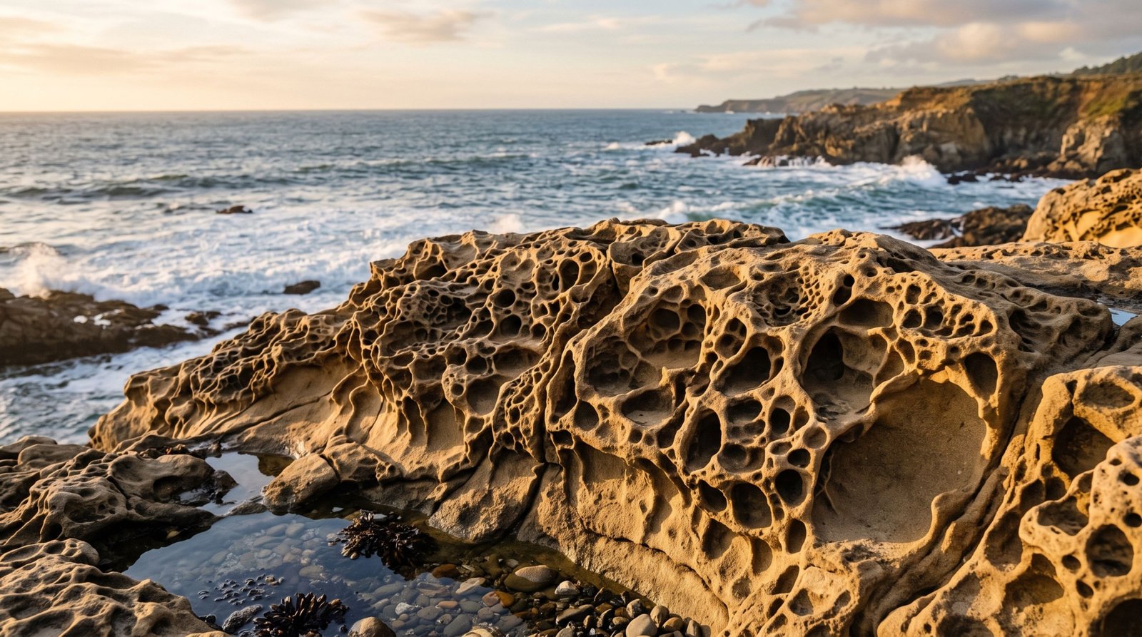 Close-up of honeycomb-textured tafoni sandstone at Salt Point State Park, Sonoma coast