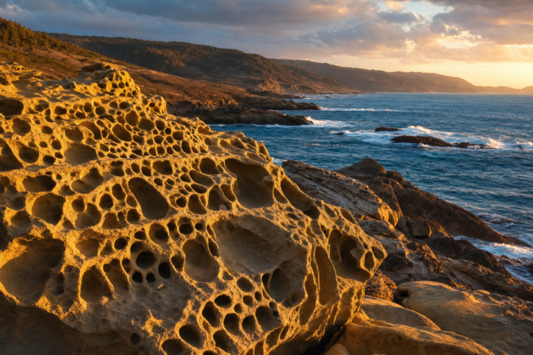 Honeycombed tafoni sandstone at Salt Point State Park, Sonoma coast, at golden hour