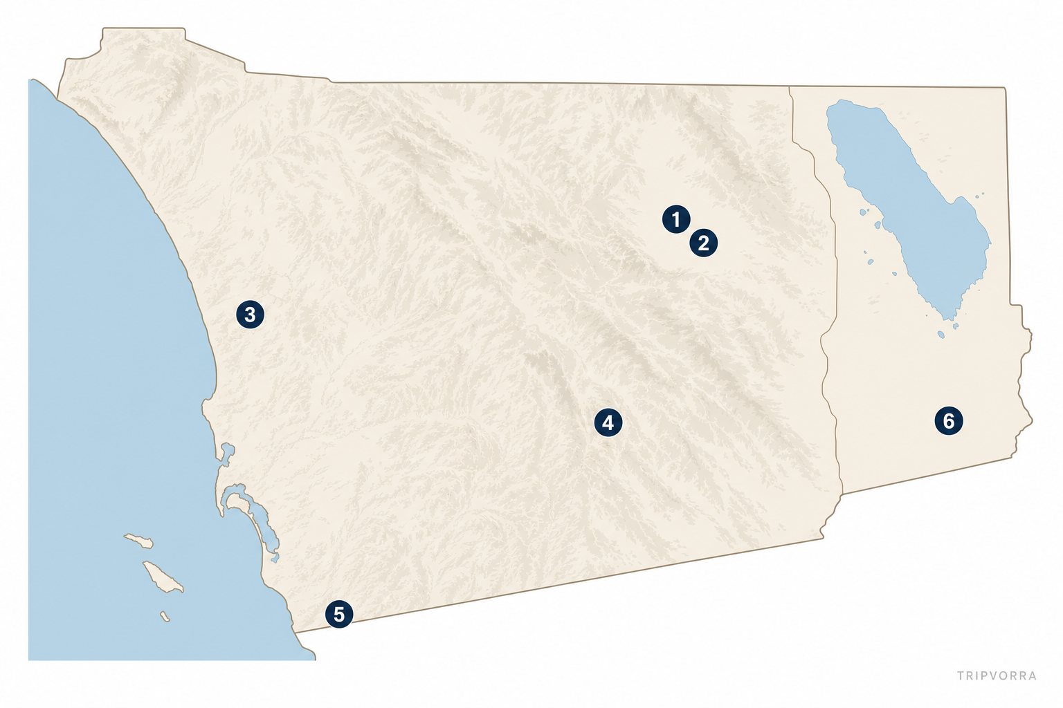 Map of San Diego County showing six hidden natural wonders including Anza-Borrego, Del Mar Mesa, Three Sisters Falls, Border Field, and the Salton Sea