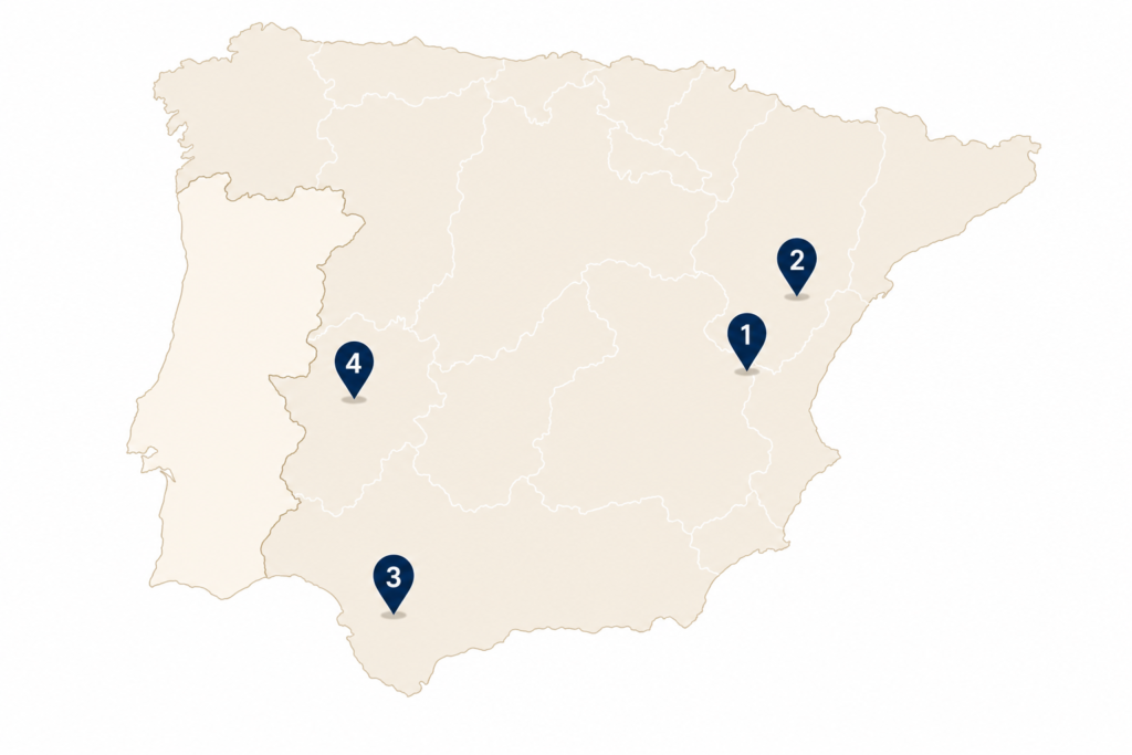 Map of Spain showing the locations of four underrated towns: Albarracín, Morella, Zahara de la Sierra, and Trujillo