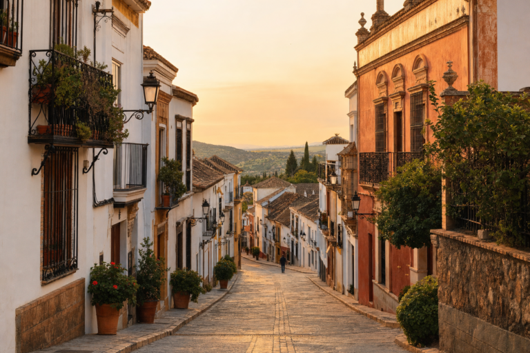 A quiet cobblestone street at golden hour in a historic Spanish town