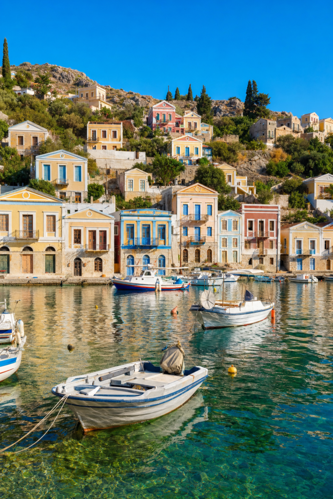 Symi, Greece - Hidden Gem | Tripvorra Symi, Greece - neoclassical harbor near Rhodes