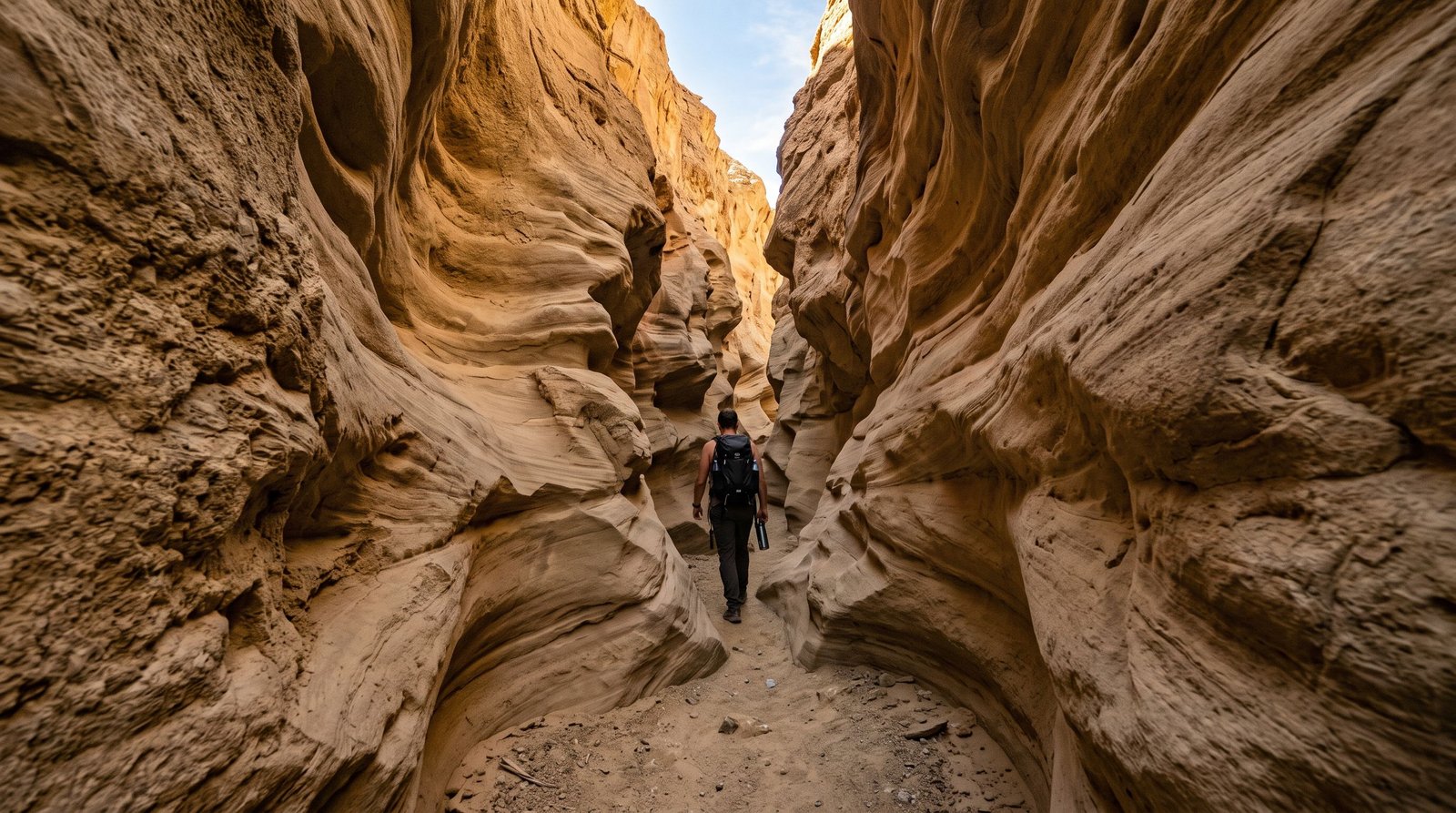 Narrow mudstone slot canyon carved by flash floods in Anza-Borrego Desert State Park