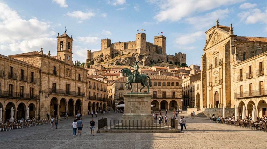 Plaza Mayor of Trujillo, Extremadura, Spain, with the equestrian statue of Francisco Pizarro and a hilltop castle above