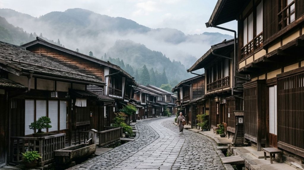 Preserved Edo-period post town street lined with traditional wooden buildings in Tsumago-juku, Nagano, Japan