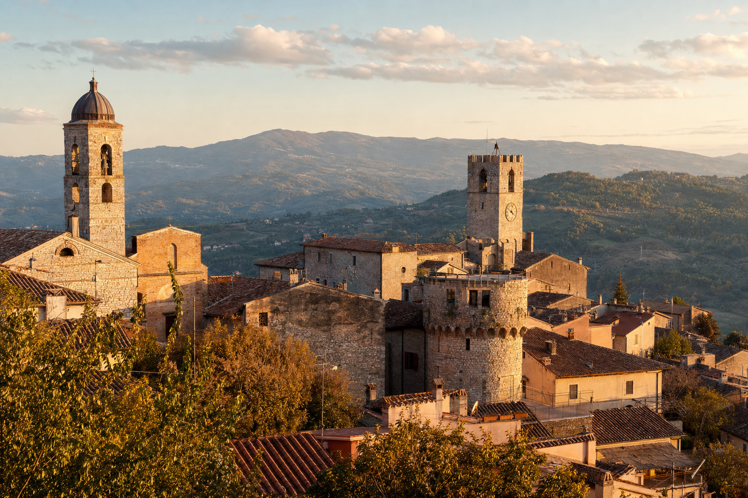 Hilltop Italian town at golden hour, representing underrated towns worth a detour