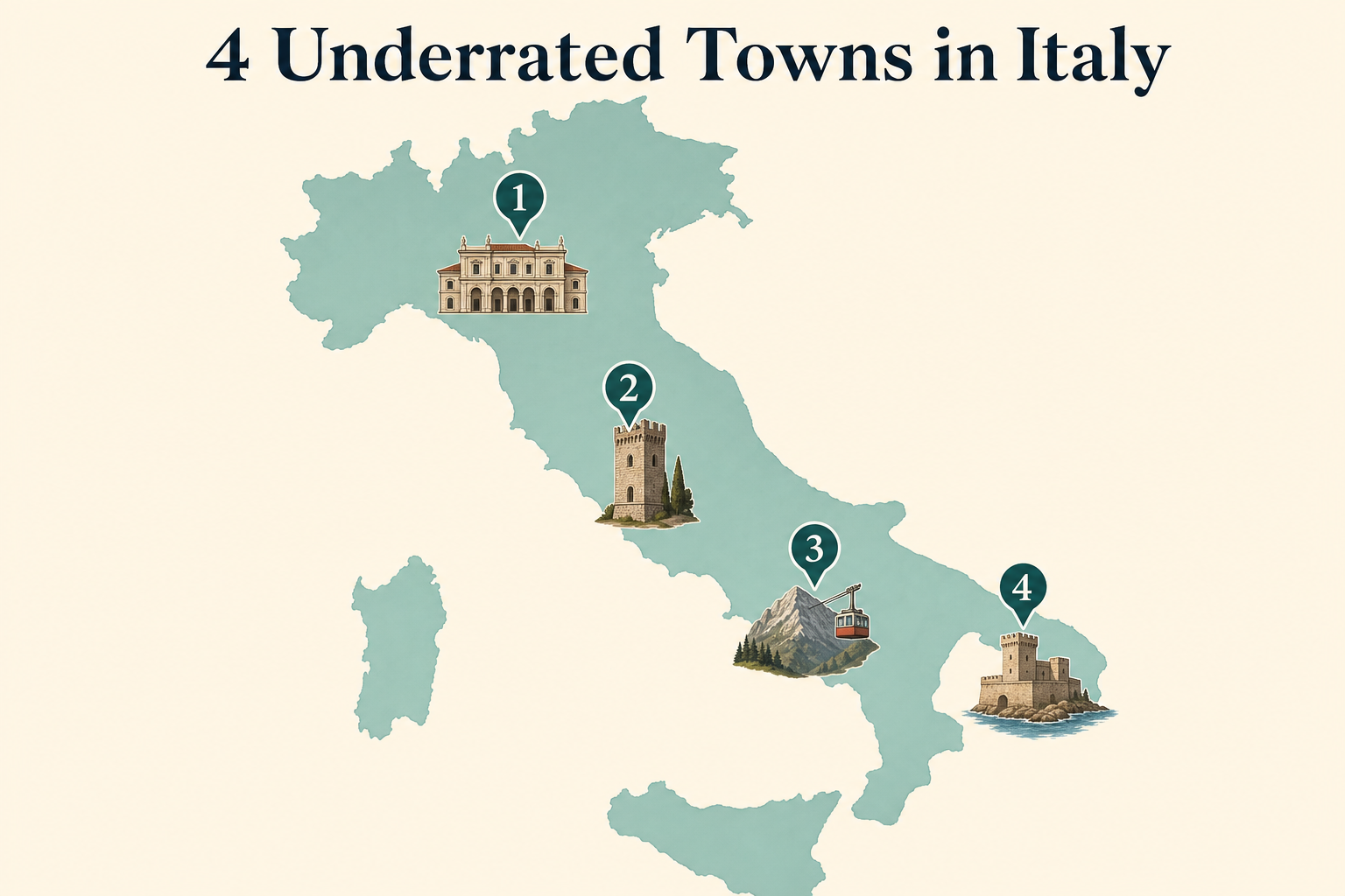 Map of Italy showing the locations of Sabbioneta, Gubbio, Castelmezzano and Pietrapertosa, and Otranto