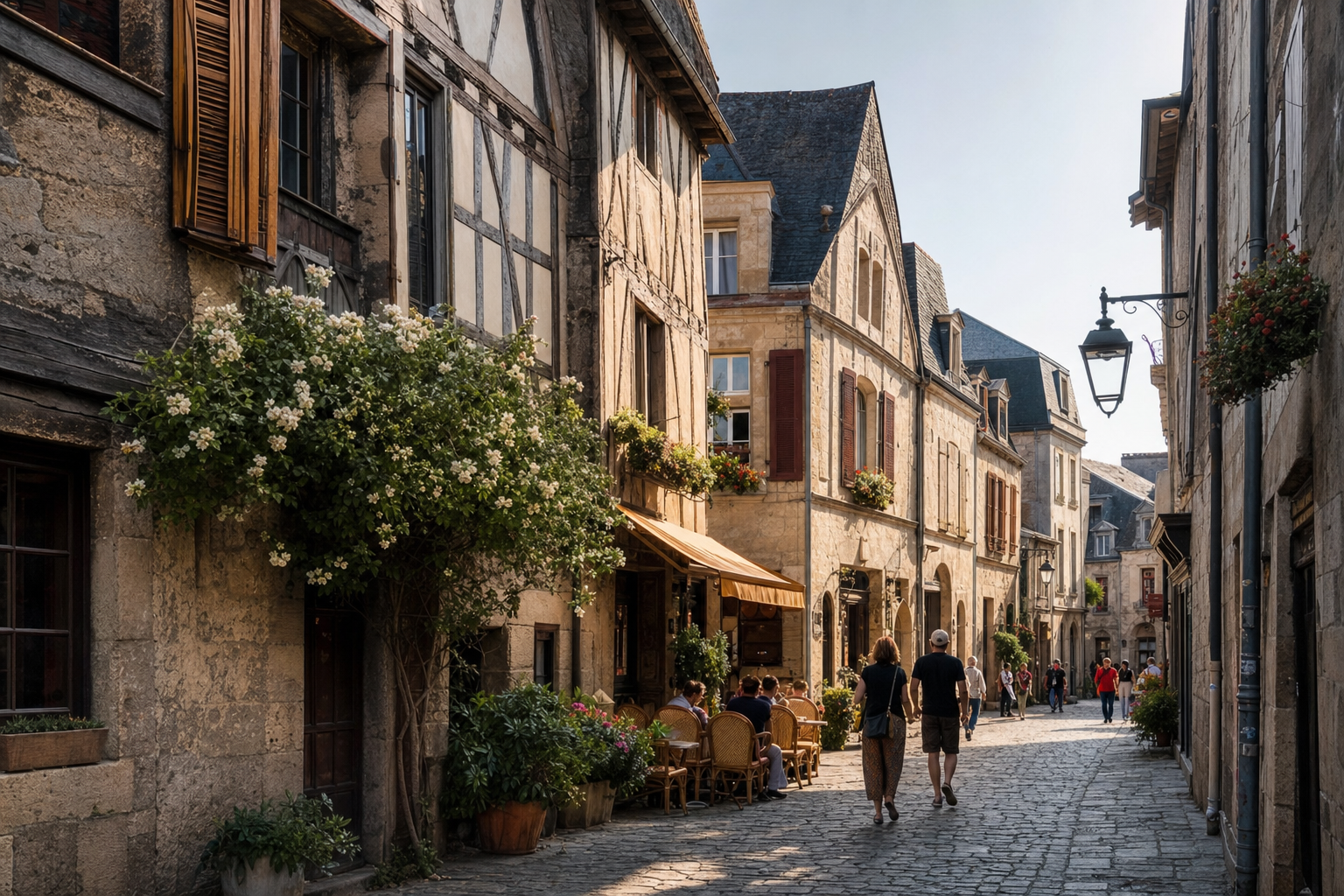 A quiet street in a historic French provincial town with half-timbered houses