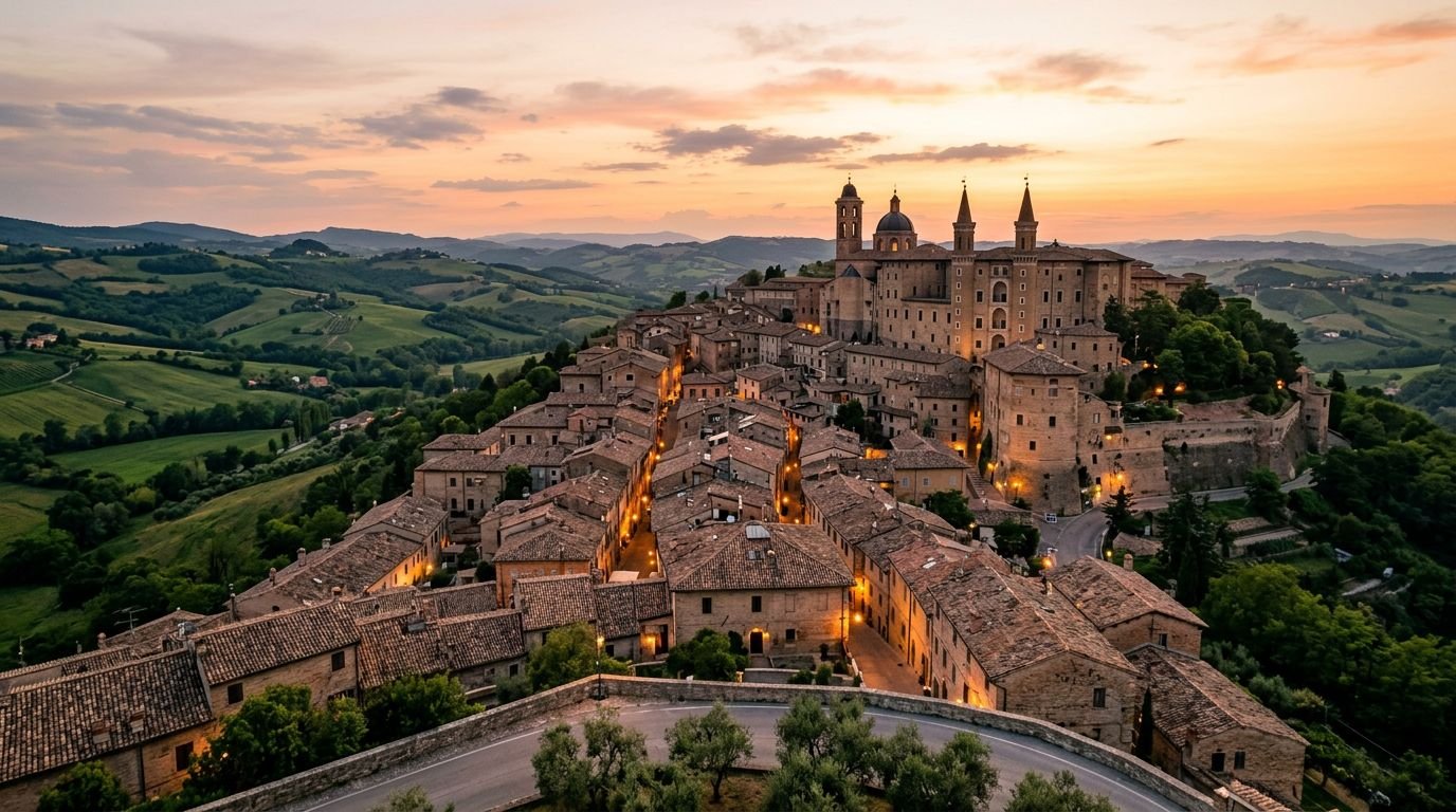 Ducal Palace crowning the hilltop town of Urbino, Italy