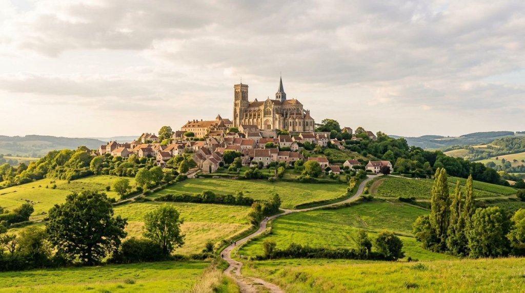Hilltop Basilica of Vezelay above the Burgundy countryside