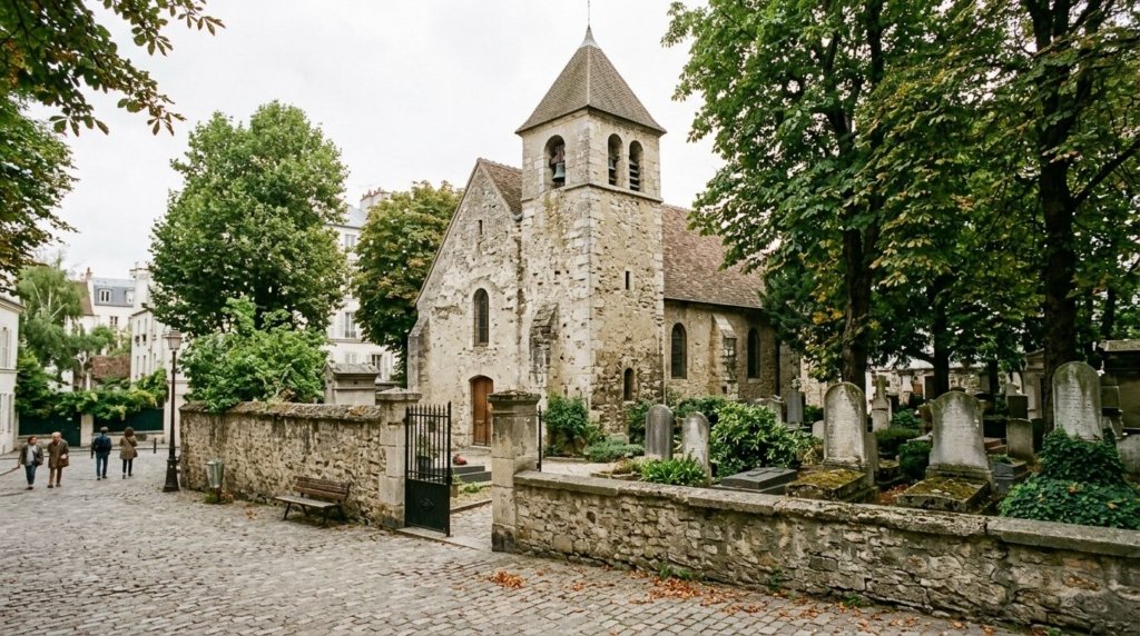 Small historic village church and cemetery in Charonne, Paris