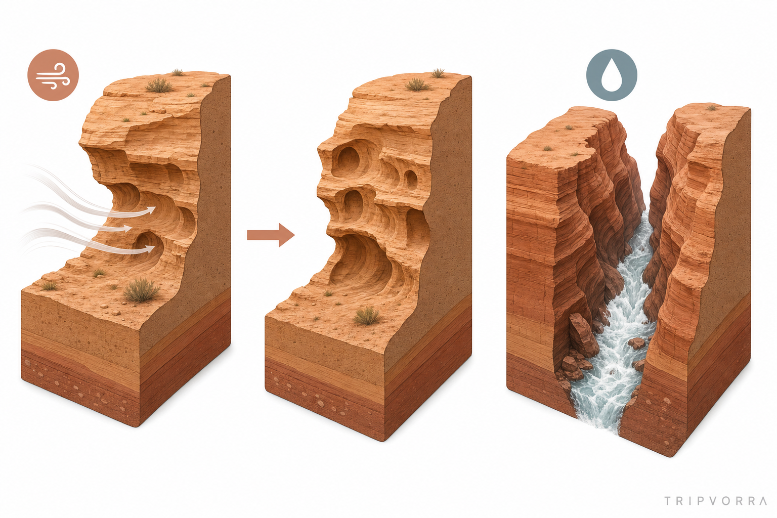 Diagram comparing how wind erosion carves wind caves and water erosion carves slot canyons in desert sandstone