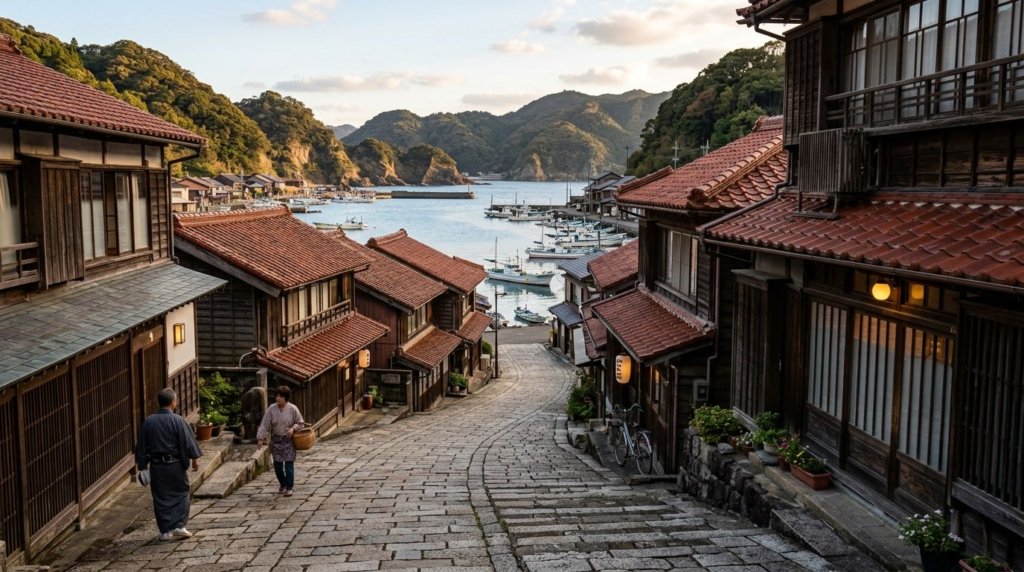 Narrow lanes and red-tiled roofs of Yunotsu Onsen, a UNESCO World Heritage-listed hot spring village in Shimane, Japan